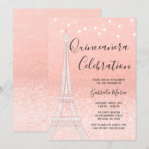 Paris Ro Guld Glitter Ljus Quinceañera Inbjudningar