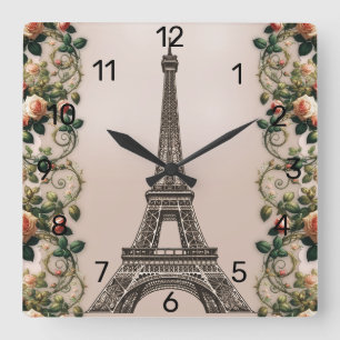 Paris Röda Rosrankor Eiffeltornet Shabby Chic Fyrkantig Klocka