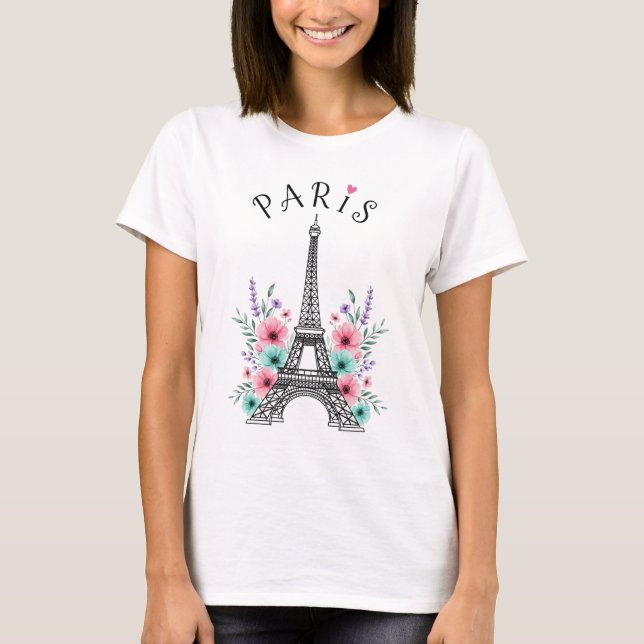Paris Romantik - Eiffel Torn & Blommigt Dreams T Shirt (Framsida)