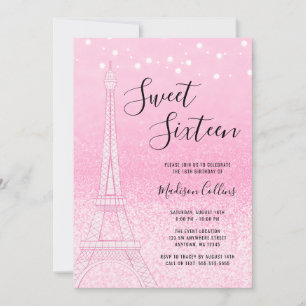 Paris Rosa Glitter Ljus Sweet 16 Inbjudningar