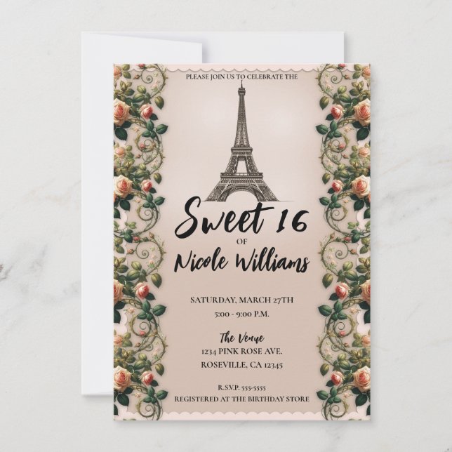 Paris Rosa Rosbuskar Eiffeltornet Sweet 16  Inbjudningar (Framsida)