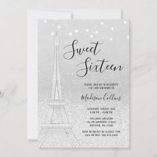 Paris Silver Glitter Ljus Sweet 16 Inbjudningar