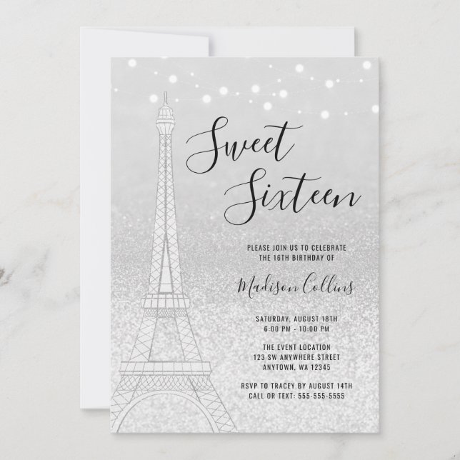 Paris Silver Glitterljus Sweet 16 Inbjudningar (Framsida)