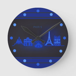 Paris Skline Neon Blue Titta Cityscape Wall Rund Klocka