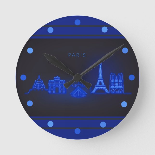 Paris Skline Neon Blue Titta Cityscape Wall Rund Klocka (Framsida)