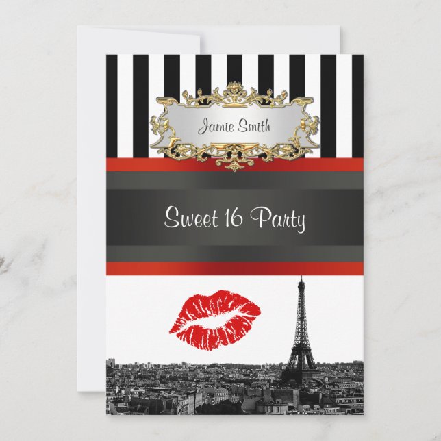 Paris Skyline BW Rand Red Kiss Sweet 16 Party Inbjudningar (Framsida)