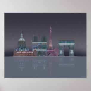 Paris Skyline Nattreflektioner Poster