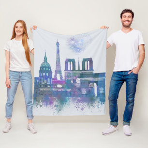 Paris Skyline - Watercolor Blue Fleecefilt