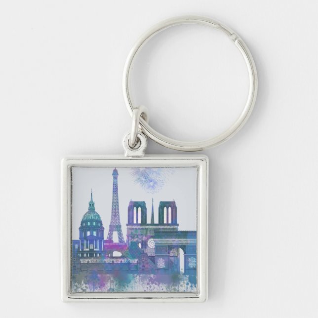 Paris Skyline - Watercolor Blue Fyrkantig Silverfärgad Nyckelring (Framsidan)