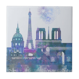Paris Skyline - Watercolor Blue Kakelplatta