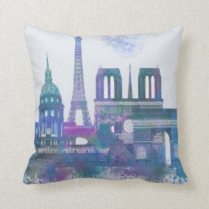 Paris Skyline - Watercolor Blue Kudde