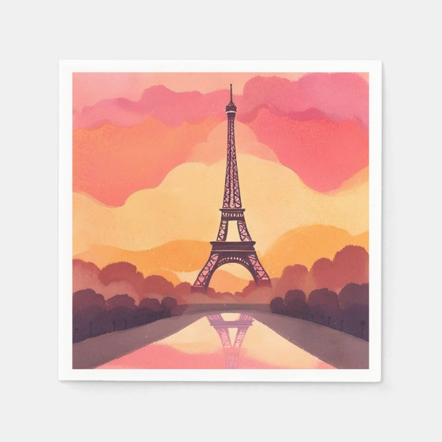 Paris Solnedgång | Eiffel Tower Frankrike Akvarell Pappersservett (Framsidan)