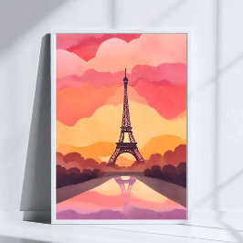Paris Solnedgång | Eiffel Tower Frankrike Akvarell Poster