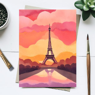 Paris solnedgång Eiffel Tower Frankrike Akvarell Vykort
