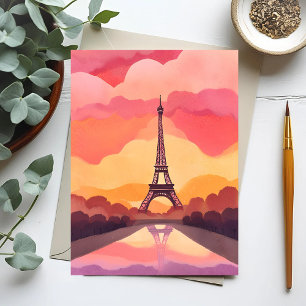 Paris Solnedgång   Eiffel Tower Frankrike Akvarell Vykort