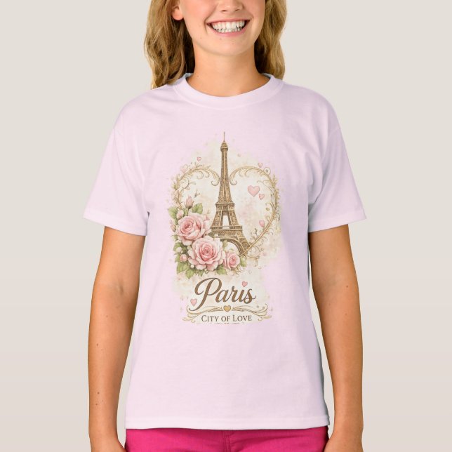 Paris Stad av Kärlek Eiffel Tower Blommig T-Shirt (Framsida)