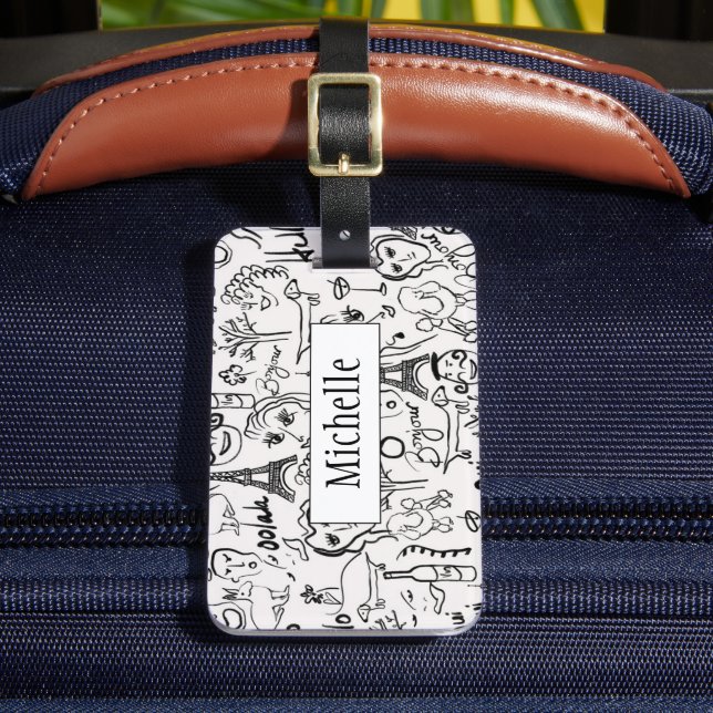 Paris Street Scene Black & White Line Teckning Bagagebricka (Framsida Insitu 2)