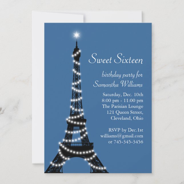 Paris Sweet 16 Inbjudan i blått (Framsida)