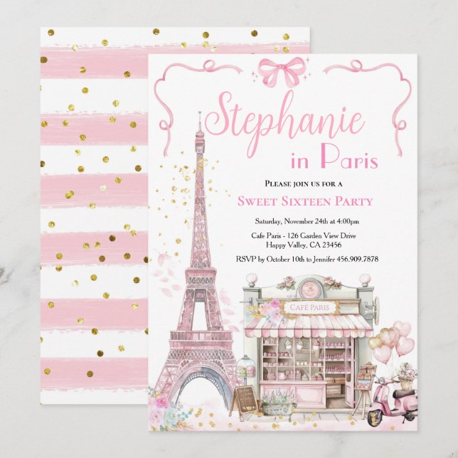 Paris Sweet sixteen 16:e Födelsedagsfesten Rosa Gi Inbjudningar (Fram/baksida)