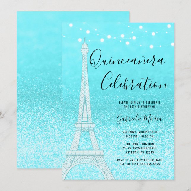 Paris Teal Blue Glitter Ljus Quinceañera Inbjudningar (Fram/baksida)