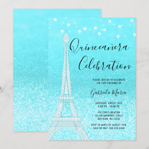 Paris Teal Blue Glitter Ljus Quinceañera Inbjudningar
