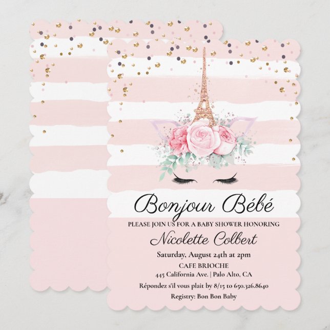 Paris-tema Enhörning Blommig Baby Shower Inbjudan (Fram/baksida)