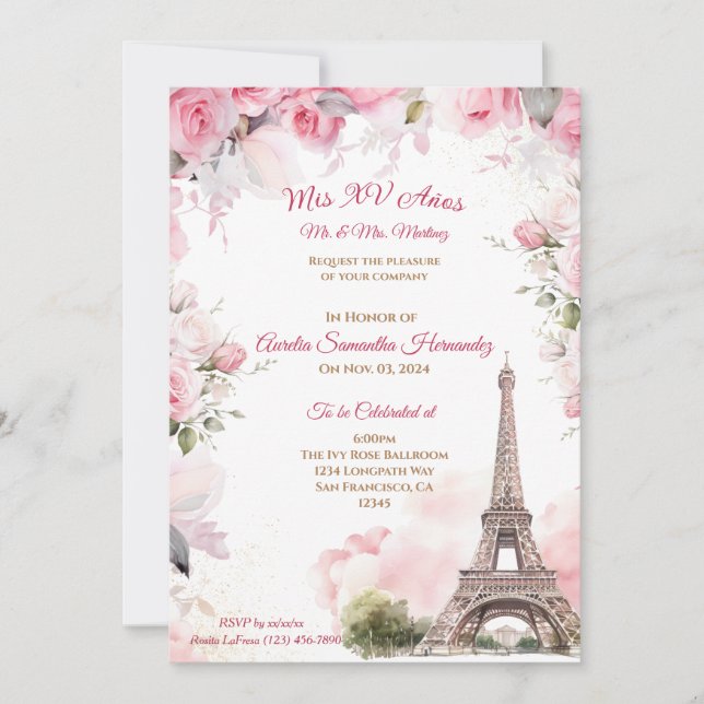 Paris tema rosa Quinceañera inbjudan Blommig (Framsida)