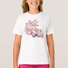Paris tema Rosa Vattenfärg Blommig Vintage Bil T Shirt