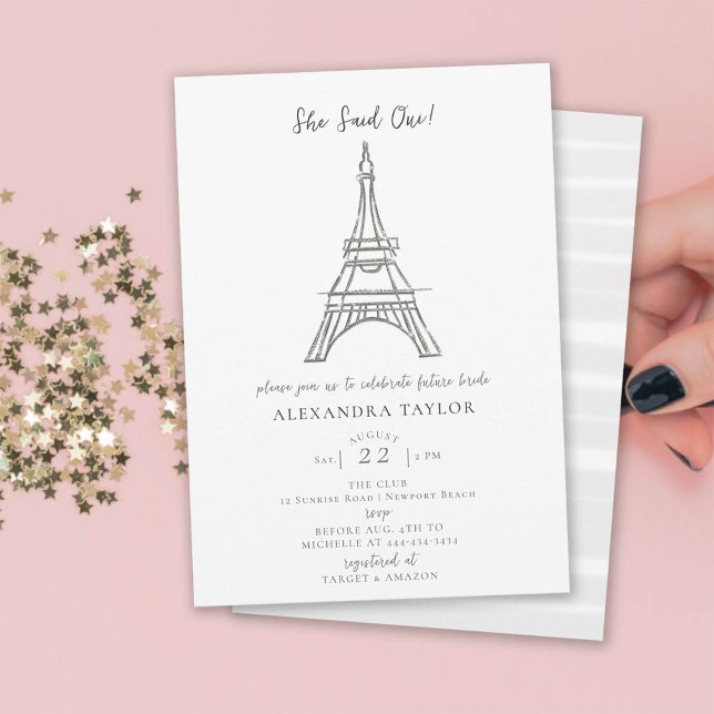 Paris Theme Hon sa att Oui Eiffel-Möhippan Inbjudningar (she said oui paris theme bridal shower invitation minimalist glitter eiffel tower rhinestones simple)