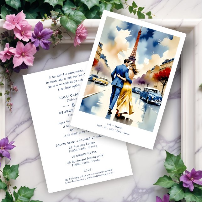 Paris Tour Eiffel Colorful Cityscape Wedding Inbjudningar (Paris Tour Eiffel Colorful Cityscape Wedding Couple Illustration Invitations Cards. )
