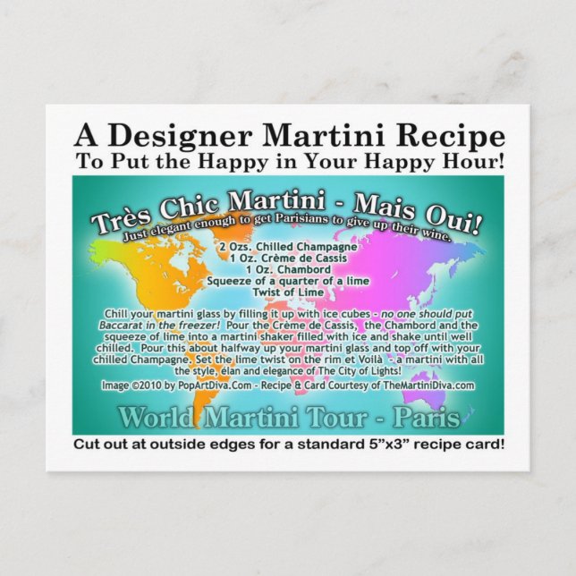 Paris, Tres Chic World Tour Martini Recept Card Vykort (Framsida)