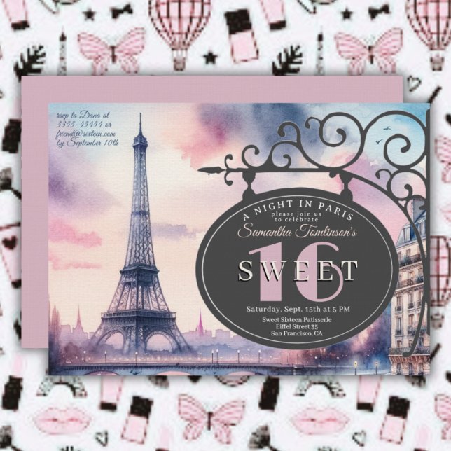 Paris Vintage Eiffel Tower Sweet 16 Birthday  Inbjudningar (French Parisian Sweet 16 Birthday Invitation)