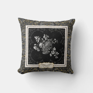 Paris Vintage Flowers Marble Black vid Guld Glitte Kudde