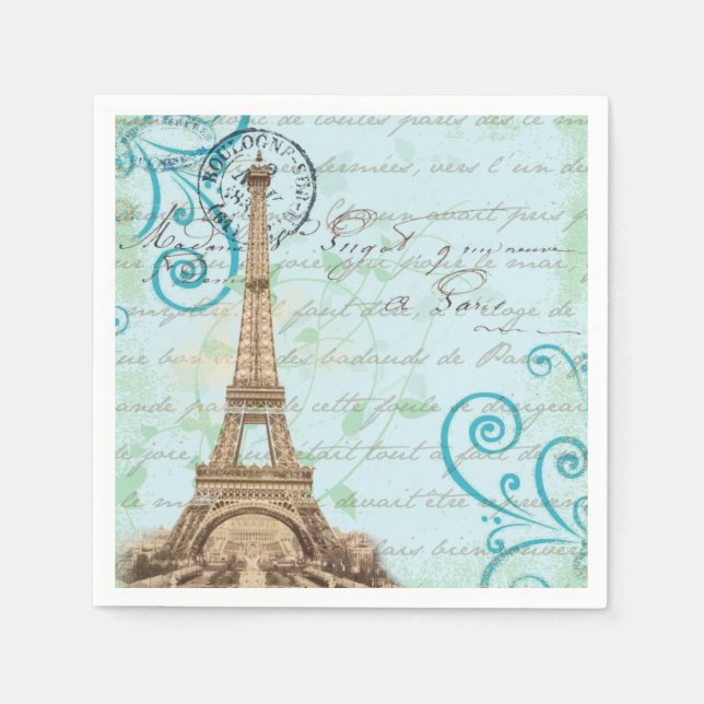 Paris Vintage Fransk Writing Aqua Napkins Pappersservett (Framsidan)
