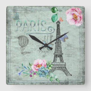 Paris-Vintage Typografi och illustration Fyrkantig Klocka