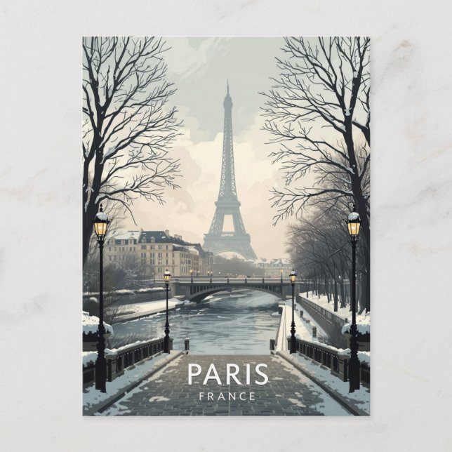 Paris Vinter Snö Eiffeltornet Vykort (Framsida)
