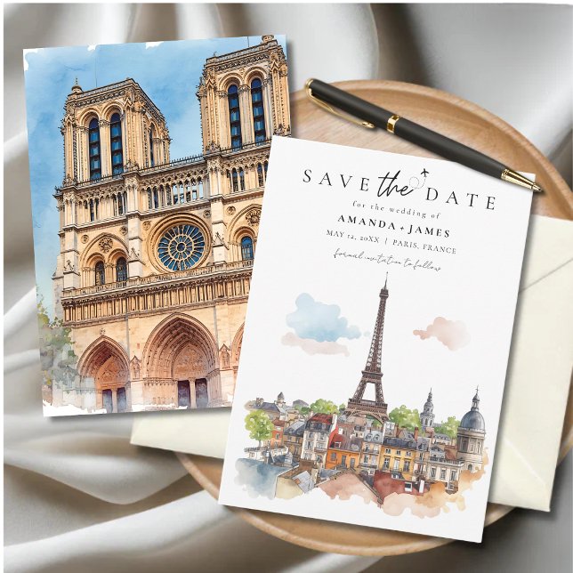 Paris Watercolor Skyline Save the Date Inbjudningar (Paris-themed “Save the Date” card featuring watercolor illustrations of the Eiffel Tower.)