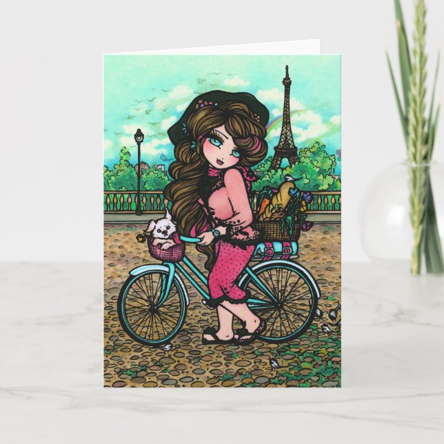 Parisekeiffel Torn Hund Bike Fantasy Girl Art Card Helgkort (Framsida)