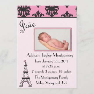 Parisets Chic Black and Rosa Birth Notice Meddelande