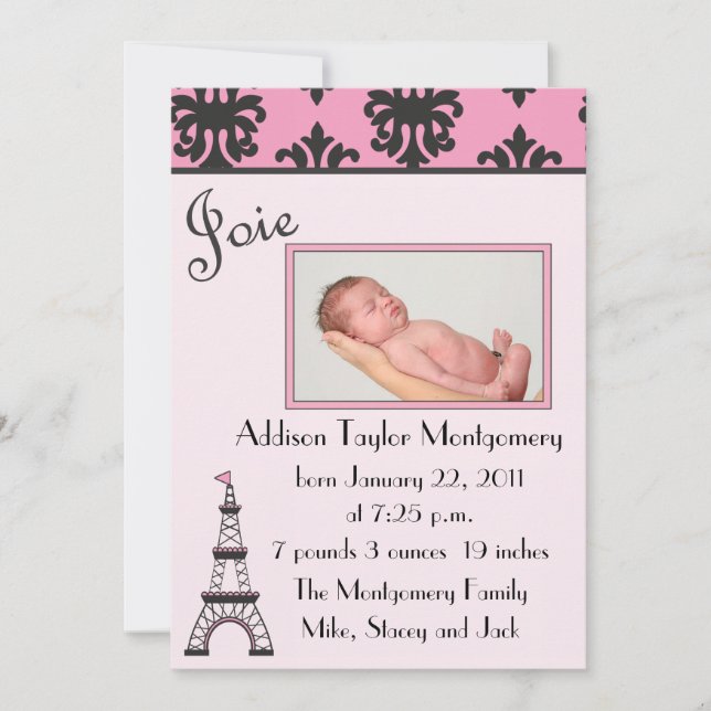 Parisets Chic Black and Rosa Birth Notice Meddelande (Framsida)