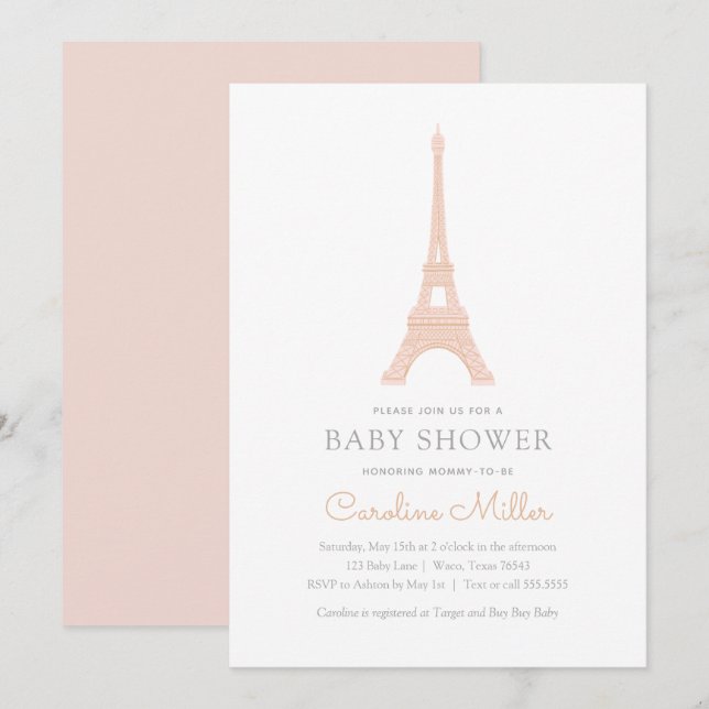 ParisFransken Eiffel Torn Rosa Baby Shower Inbjudningar (Fram/baksida)