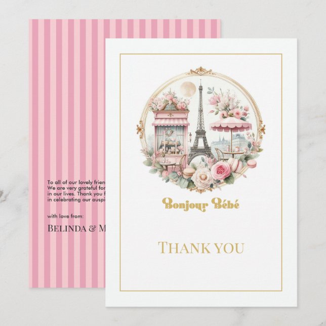 Parisian Bonjour Bébé Rosa Fransk Café Bebis Showe Tack Kort (Fram/baksida)