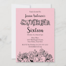 Parisian Boutique Rosa Black Blommigt Sweet sixtee Inbjudningar
