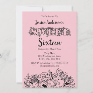 Parisian Boutique Rosa Black Blommigt Sweet sixtee Inbjudningar
