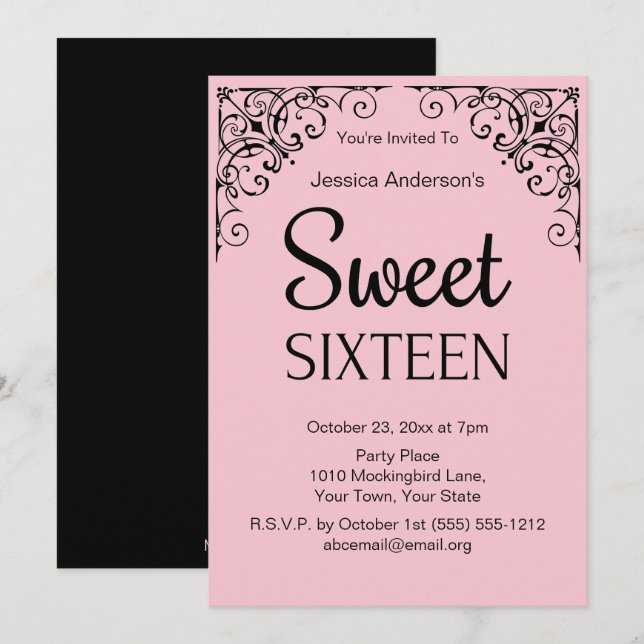Parisian Boutique Rosa Black Sweet sixteen Inbjudningar (Fram/baksida)