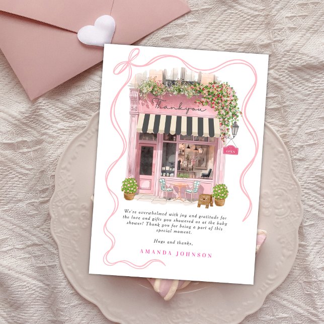 Parisian Café Bonjour Bebe Rosa Rosett Tack Inbjudningar (Skapare uppladdad)