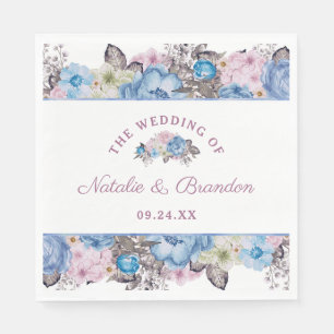 Parisian Charm Blue & Rosa Blommigt Bröllop Monogr Pappersservett