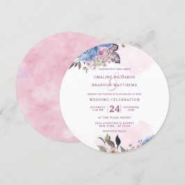 Parisian Charm Blue & Rosa Blommigt Bröllop Round Inbjudningar