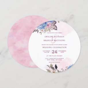 Parisian Charm Blue & Rosa Blommigt Bröllop Round Inbjudningar