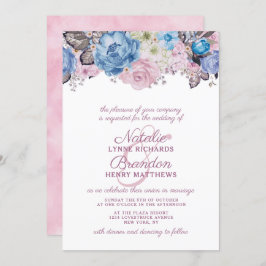 Parisian Charm Blue & Rosa Blommigt Chic Bröllop Inbjudningar